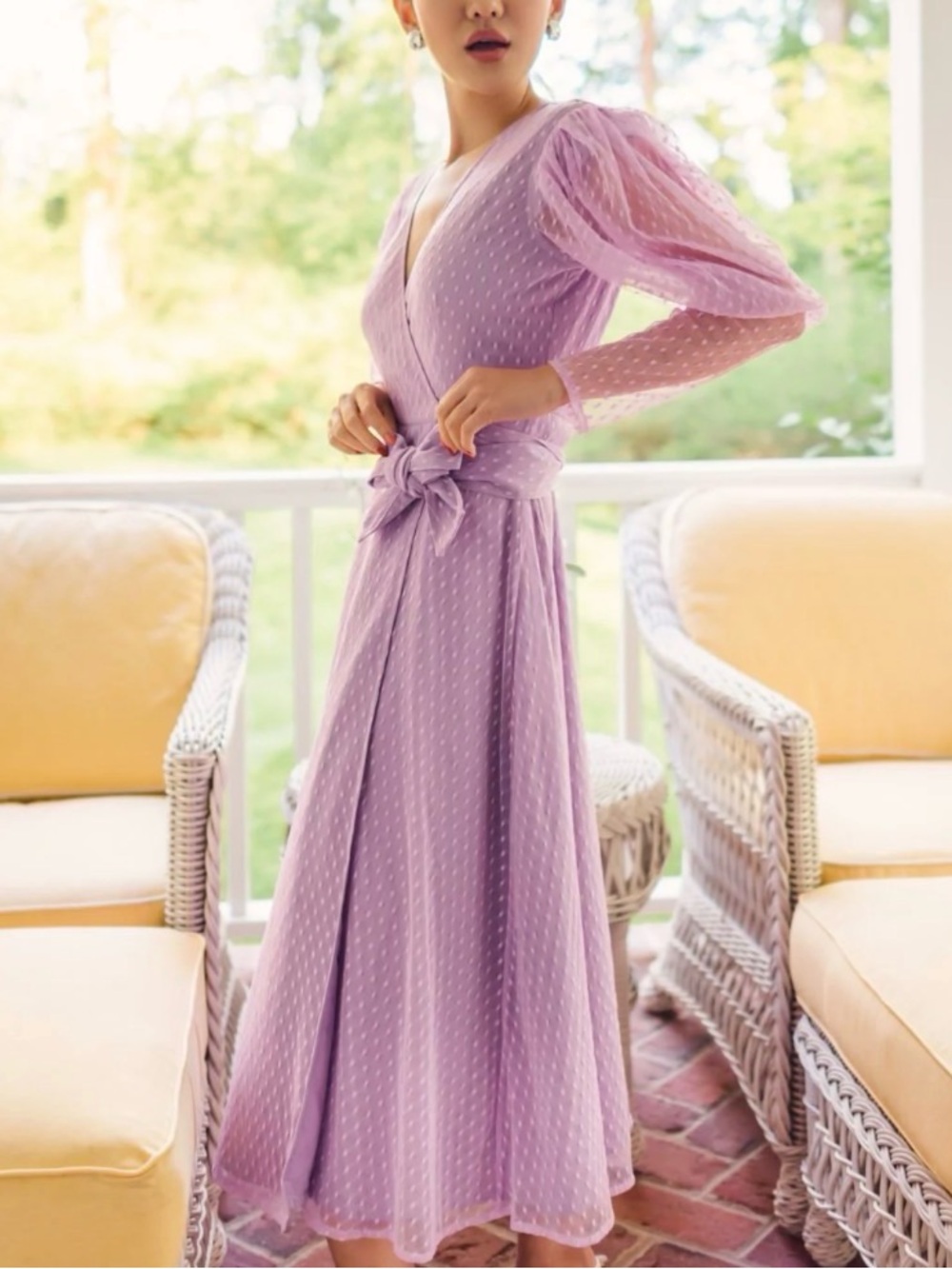 Jessica Wang The Drop Lilac Lavendula Feminine Swiss Dot Puff Sleeve Wrap Dress